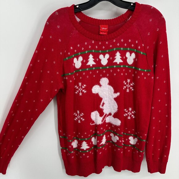 Disney Mickey Mouse Christmas Sweater L Holiday Fair Isle Print Snowflake Red - Picture 5 of 9